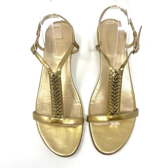 Stuart Weitzman Braided Metallic Gold Chain Low Wedge Strap Sandals Women's 9.5 - Picture 3 of 11